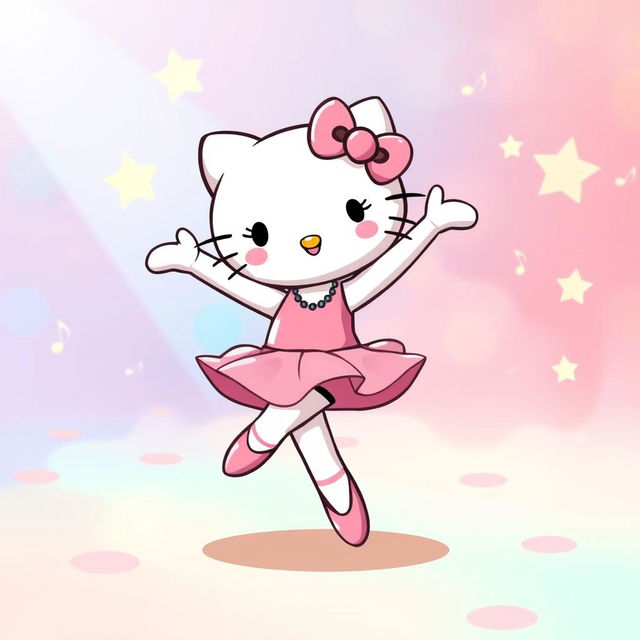 A cartoon character similar to Hello Kitty, dancing with joyful expression in a colorful and vibrant setting