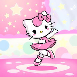 A cartoon character similar to Hello Kitty, dancing with joyful expression in a colorful and vibrant setting