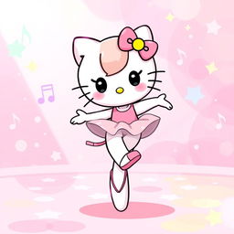 A cartoon character similar to Hello Kitty, dancing with joyful expression in a colorful and vibrant setting