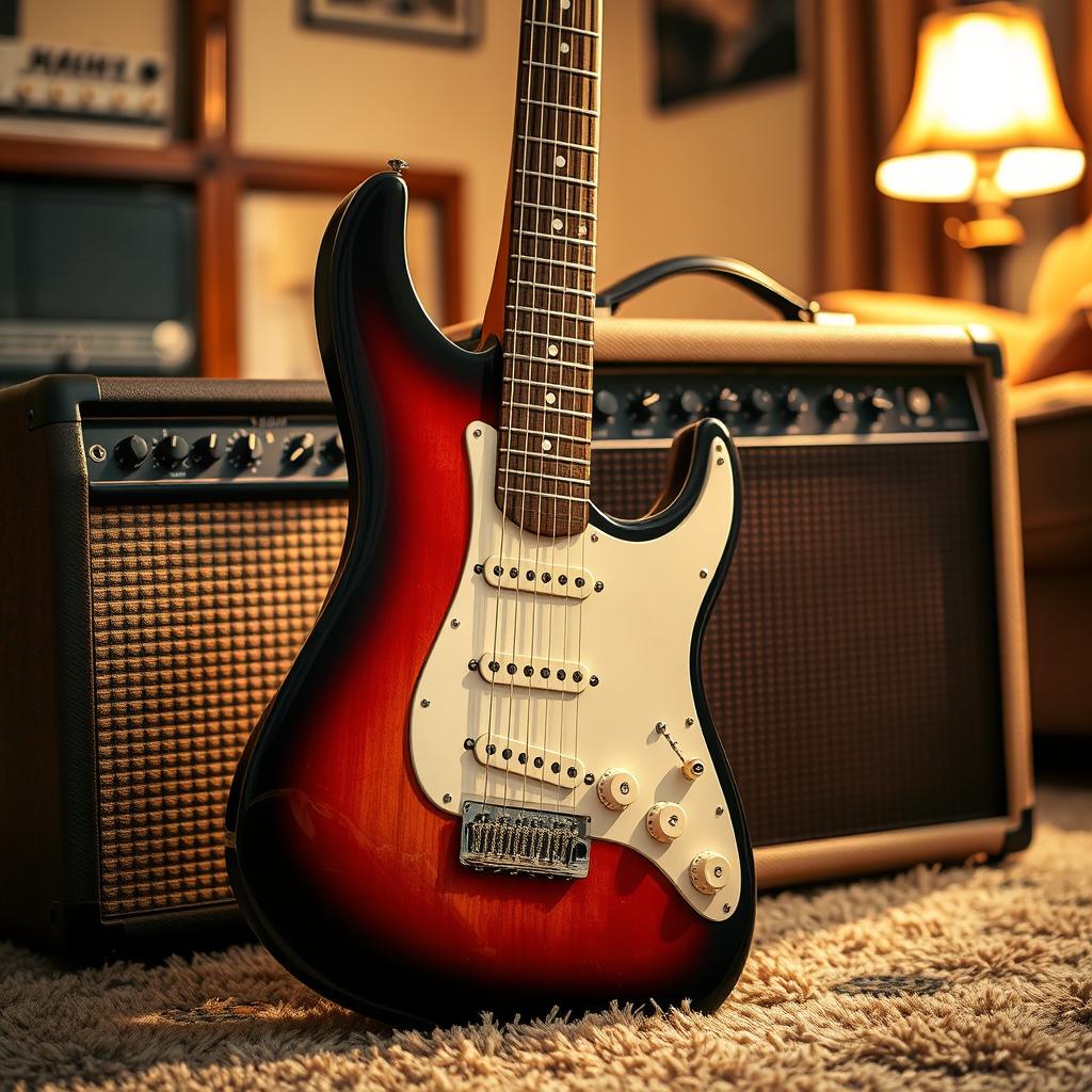 A beautifully detailed electric guitar leaning against an amplifier, positioned in a cozy living room with warm lighting