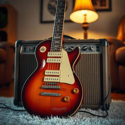 A beautifully detailed electric guitar leaning against an amplifier, positioned in a cozy living room with warm lighting