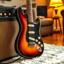 A beautifully detailed electric guitar leaning against an amplifier, positioned in a cozy living room with warm lighting