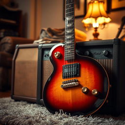 A beautifully detailed electric guitar leaning against an amplifier, positioned in a cozy living room with warm lighting