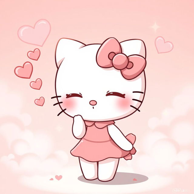 A cartoon character similar to Hello Kitty blowing a kiss, depicted in a charming and delightful manner