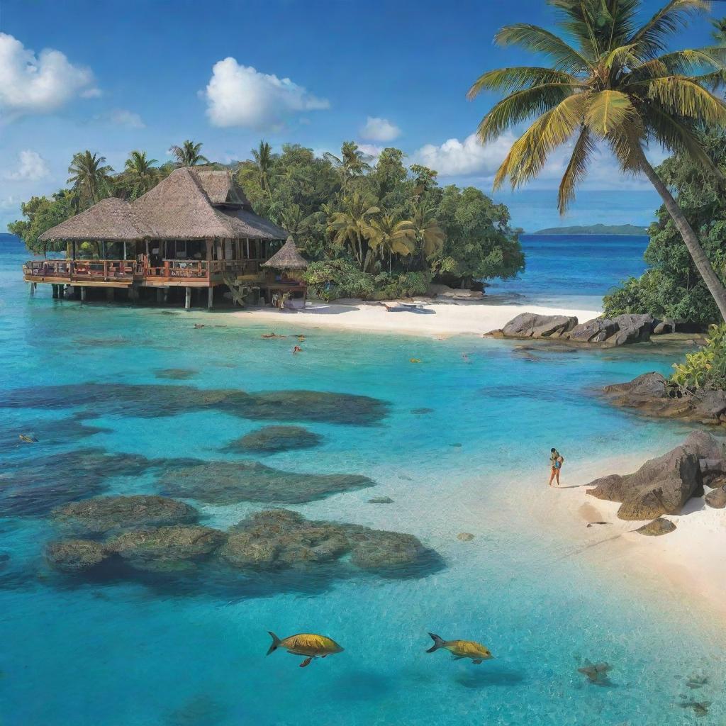 An enticing illustration of the 'Paradise Getaway' package, comprising comfortable accommodations, a wonderful buffet breakfast scene, images of island hopping adventures, and vibrant underwater scenes depicting snorkeling activities, truly embodying a tropical paradise.