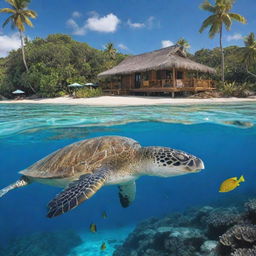 An enticing illustration of the 'Paradise Getaway' package, comprising comfortable accommodations, a wonderful buffet breakfast scene, images of island hopping adventures, and vibrant underwater scenes depicting snorkeling activities, truly embodying a tropical paradise.