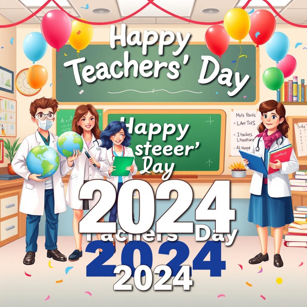 A vibrant and celebratory Teachers' Day 2024 poster featuring diverse teachers from different subjects including a science teacher holding a globe, a math teacher with a chalkboard, an art teacher with a paint palette, and a literature teacher with books