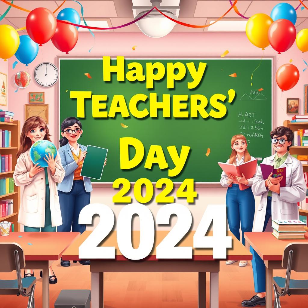 A vibrant and celebratory Teachers' Day 2024 poster featuring diverse teachers from different subjects including a science teacher holding a globe, a math teacher with a chalkboard, an art teacher with a paint palette, and a literature teacher with books