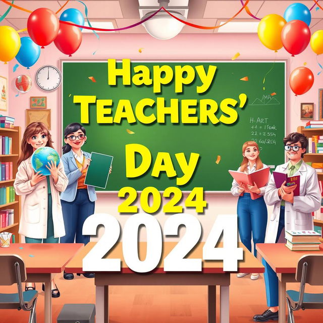 A vibrant and celebratory Teachers' Day 2024 poster featuring diverse teachers from different subjects including a science teacher holding a globe, a math teacher with a chalkboard, an art teacher with a paint palette, and a literature teacher with books