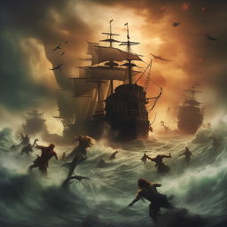 A captivating book cover displaying a ferocious pirate skirmish with elegant mermaids amidst a turbulent ocean setting beneath a tumultuous sky.