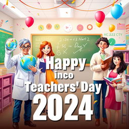 A vibrant and celebratory Teachers' Day 2024 poster featuring diverse teachers from different subjects including a science teacher holding a globe, a math teacher with a chalkboard, an art teacher with a paint palette, and a literature teacher with books