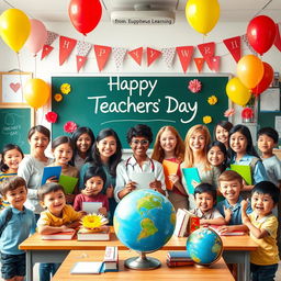 A colorful and joyful scene celebrating Teachers' Day, with a diverse group of happy teachers in a classroom, surrounded by cheerful students