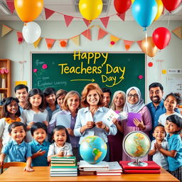 A colorful and joyful scene celebrating Teachers' Day, with a diverse group of happy teachers in a classroom, surrounded by cheerful students