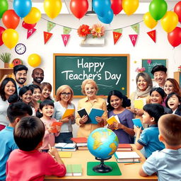 A colorful and joyful scene celebrating Teachers' Day, with a diverse group of happy teachers in a classroom, surrounded by cheerful students