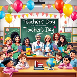 A colorful and joyful scene celebrating Teachers' Day, with a diverse group of happy teachers in a classroom, surrounded by cheerful students