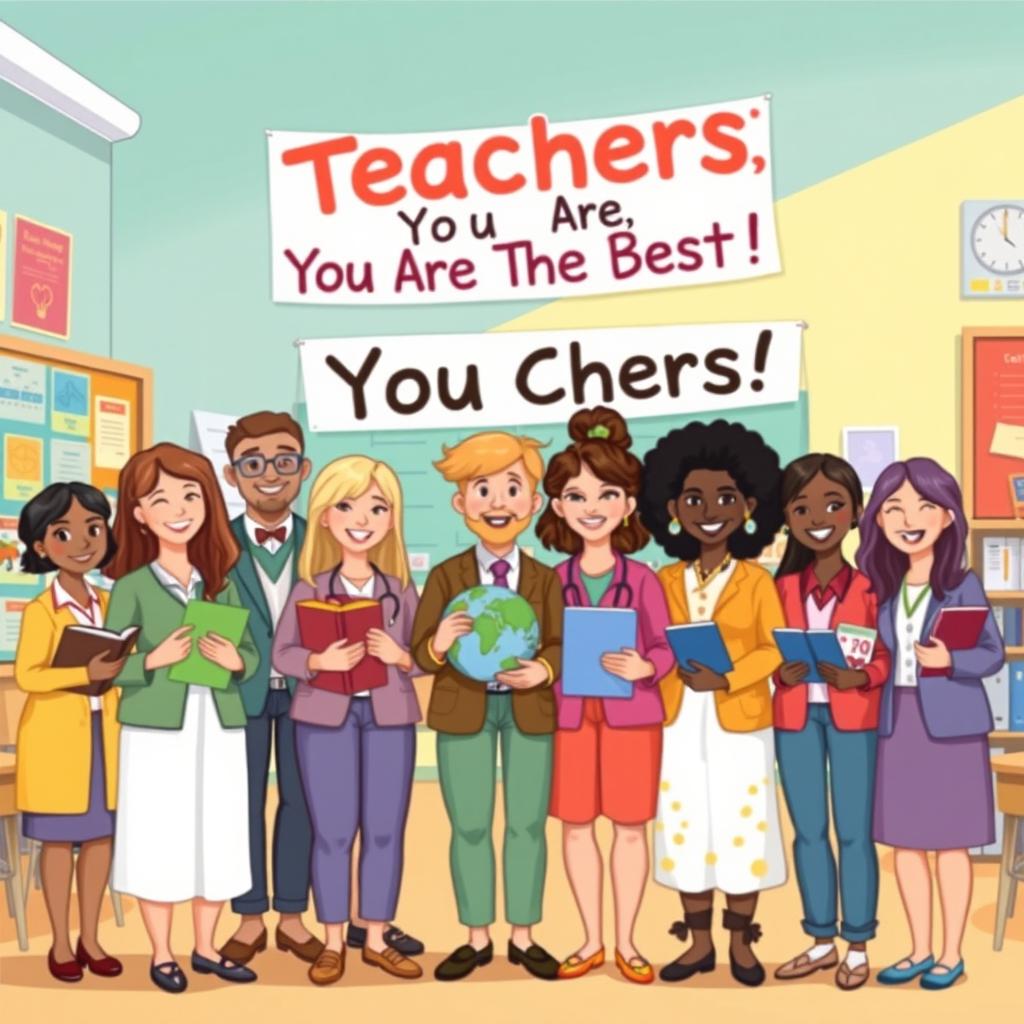 A heartwarming illustration of diverse teachers standing together, smiling warmly, in a vibrant classroom setting