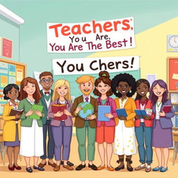 A heartwarming illustration of diverse teachers standing together, smiling warmly, in a vibrant classroom setting