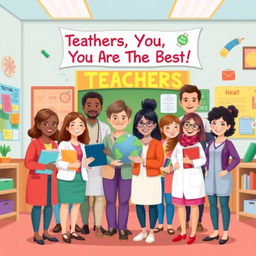 A heartwarming illustration of diverse teachers standing together, smiling warmly, in a vibrant classroom setting