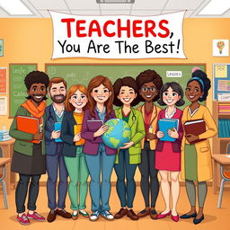 A heartwarming illustration of diverse teachers standing together, smiling warmly, in a vibrant classroom setting