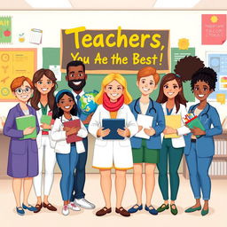 A heartwarming illustration of diverse teachers standing together, smiling warmly, in a vibrant classroom setting