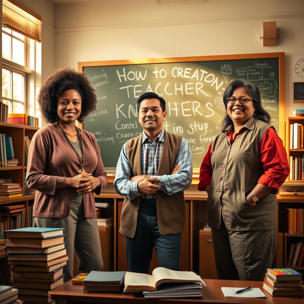 A majestic tribute to teachers depicted as knowledge creators, with a group of diverse educators standing confidently in a classroom filled with books and educational tools