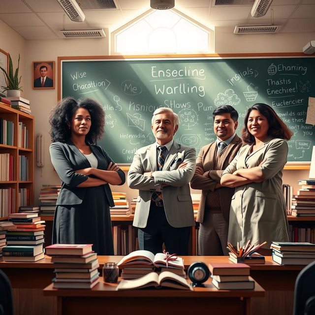 A majestic tribute to teachers depicted as knowledge creators, with a group of diverse educators standing confidently in a classroom filled with books and educational tools