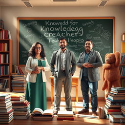 A majestic tribute to teachers depicted as knowledge creators, with a group of diverse educators standing confidently in a classroom filled with books and educational tools