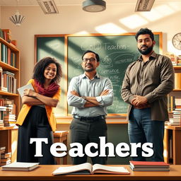 A majestic tribute to teachers depicted as knowledge creators, with a group of diverse educators standing confidently in a classroom filled with books and educational tools