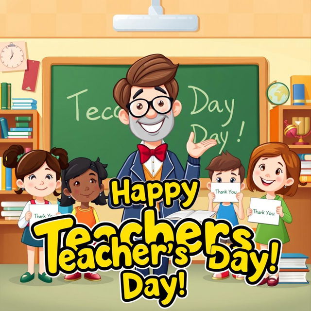 An animated-style teacher's day poster featuring a vibrant classroom setting with a variety of educational tools like books, globes, and a chalkboard