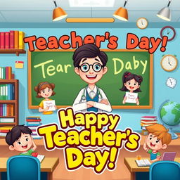 An animated-style teacher's day poster featuring a vibrant classroom setting with a variety of educational tools like books, globes, and a chalkboard