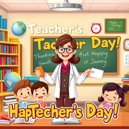 An animated-style teacher's day poster featuring a vibrant classroom setting with a variety of educational tools like books, globes, and a chalkboard