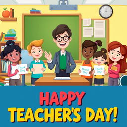 An animated-style teacher's day poster featuring a vibrant classroom setting with a variety of educational tools like books, globes, and a chalkboard