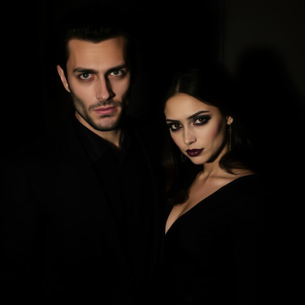 A dark and mysterious couple standing together, surrounded by shadows