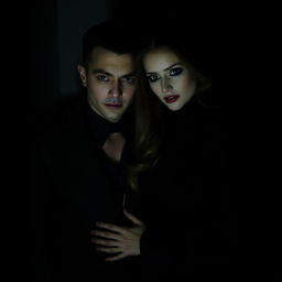 A dark and mysterious couple standing together, surrounded by shadows