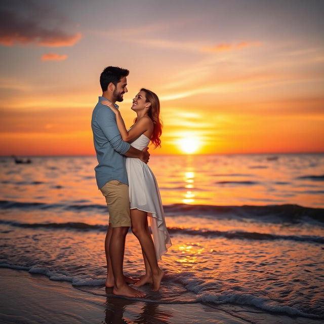 Romantic couple embracing each other with a beautiful sunset in the background