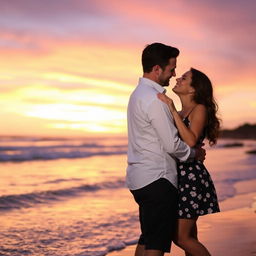 Romantic couple embracing each other with a beautiful sunset in the background