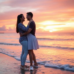 Romantic couple embracing each other with a beautiful sunset in the background