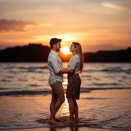 Romantic couple embracing each other with a beautiful sunset in the background