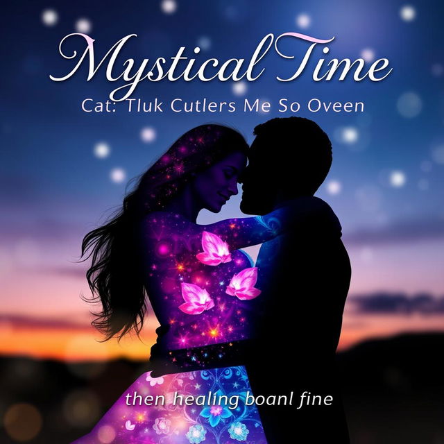 A romantic book cover titled "Mystical Time, Cutting Me Open then Healing Me Fine" featuring a silhouette of an embracing couple under a twilight sky with ethereal, shimmering stars