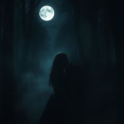 A dark and moody scene featuring a couple, standing closely together in the dim light of a moonlit night