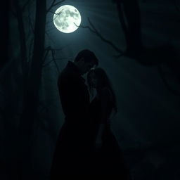 A dark and moody scene featuring a couple, standing closely together in the dim light of a moonlit night