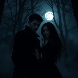 A dark and moody scene featuring a couple, standing closely together in the dim light of a moonlit night