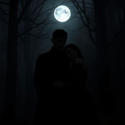 A dark and moody scene featuring a couple, standing closely together in the dim light of a moonlit night