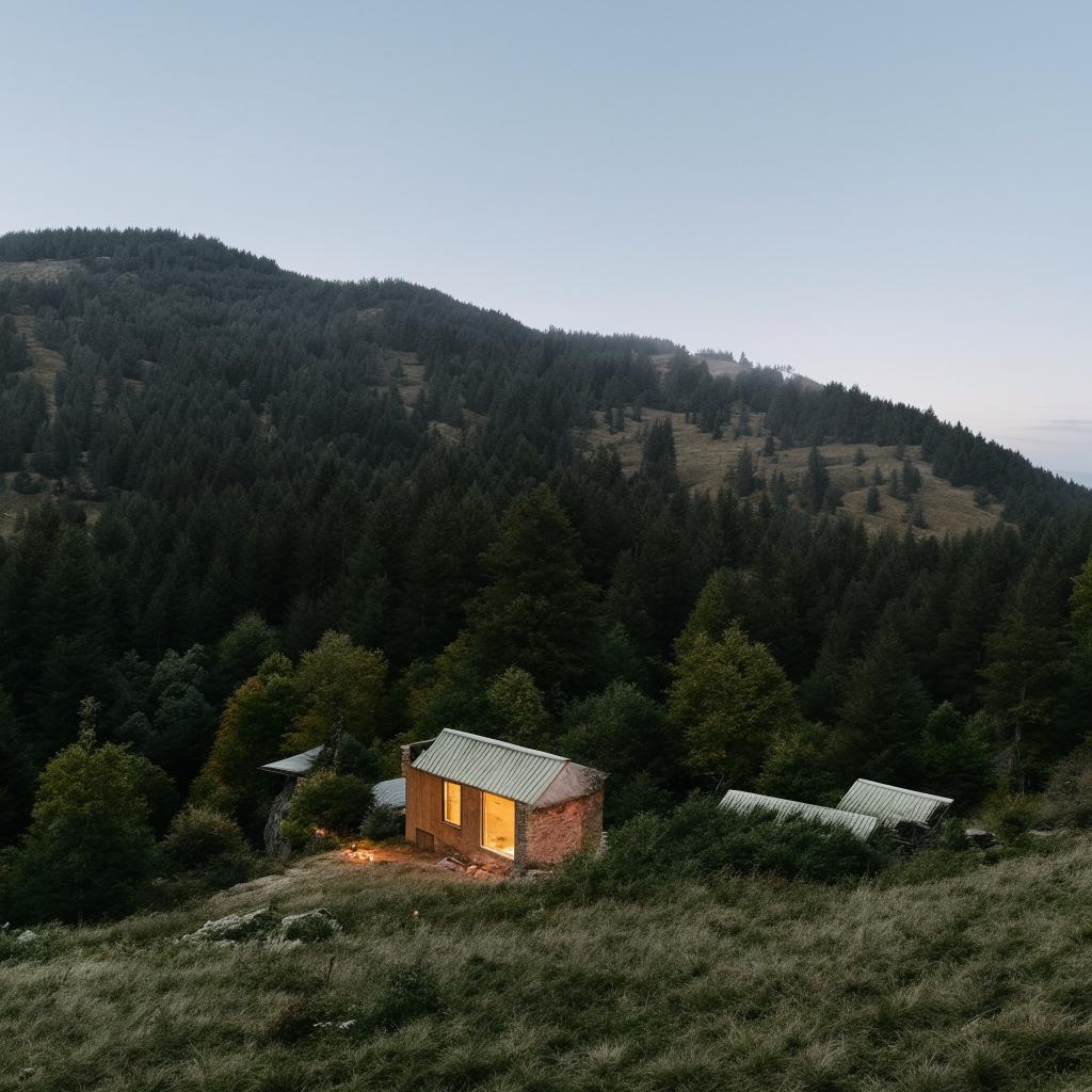 A rustic house atop a scenic mountain, surrounded by untouched nature.