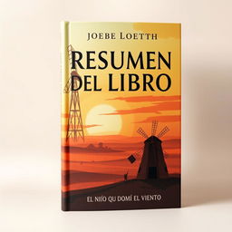 A book cover design featuring the title 'RESUMEN DEL LIBRO: EL NIÑO QUE DOMÓ EL VIENTO' in captivating, bold typography