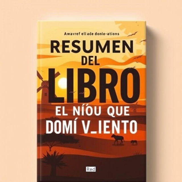 A book cover design featuring the title 'RESUMEN DEL LIBRO: EL NIÑO QUE DOMÓ EL VIENTO' in captivating, bold typography