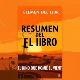 A book cover design featuring the title 'RESUMEN DEL LIBRO: EL NIÑO QUE DOMÓ EL VIENTO' in captivating, bold typography