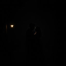 A mysterious couple standing in the shadows, their silhouettes partially illuminated by the soft glow of a distant streetlight