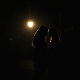 A mysterious couple standing in the shadows, their silhouettes partially illuminated by the soft glow of a distant streetlight