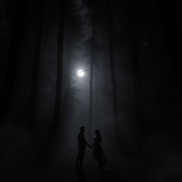 A couple standing together in a dark and mysterious forest